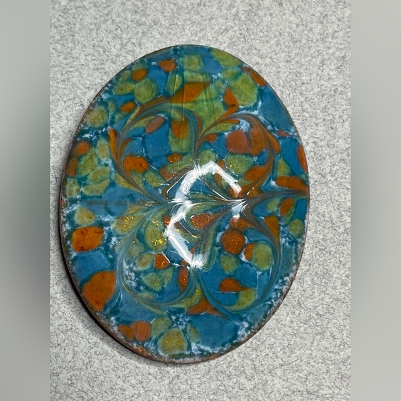 Copper Enamel Vintage Brooch Inga Carlson Blue Green Gold Swirl - Picture 3 of 7